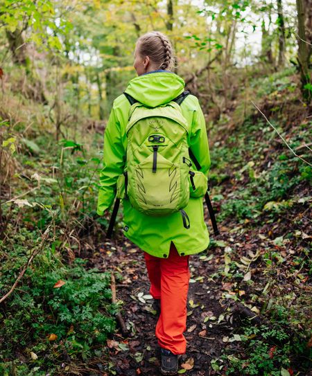 Begleiten Sie Julia Friedrich auf der Herkules Vital-Tour durch den Habichtswald. Auf dem Bild geht eine Person, durch den Wald.
